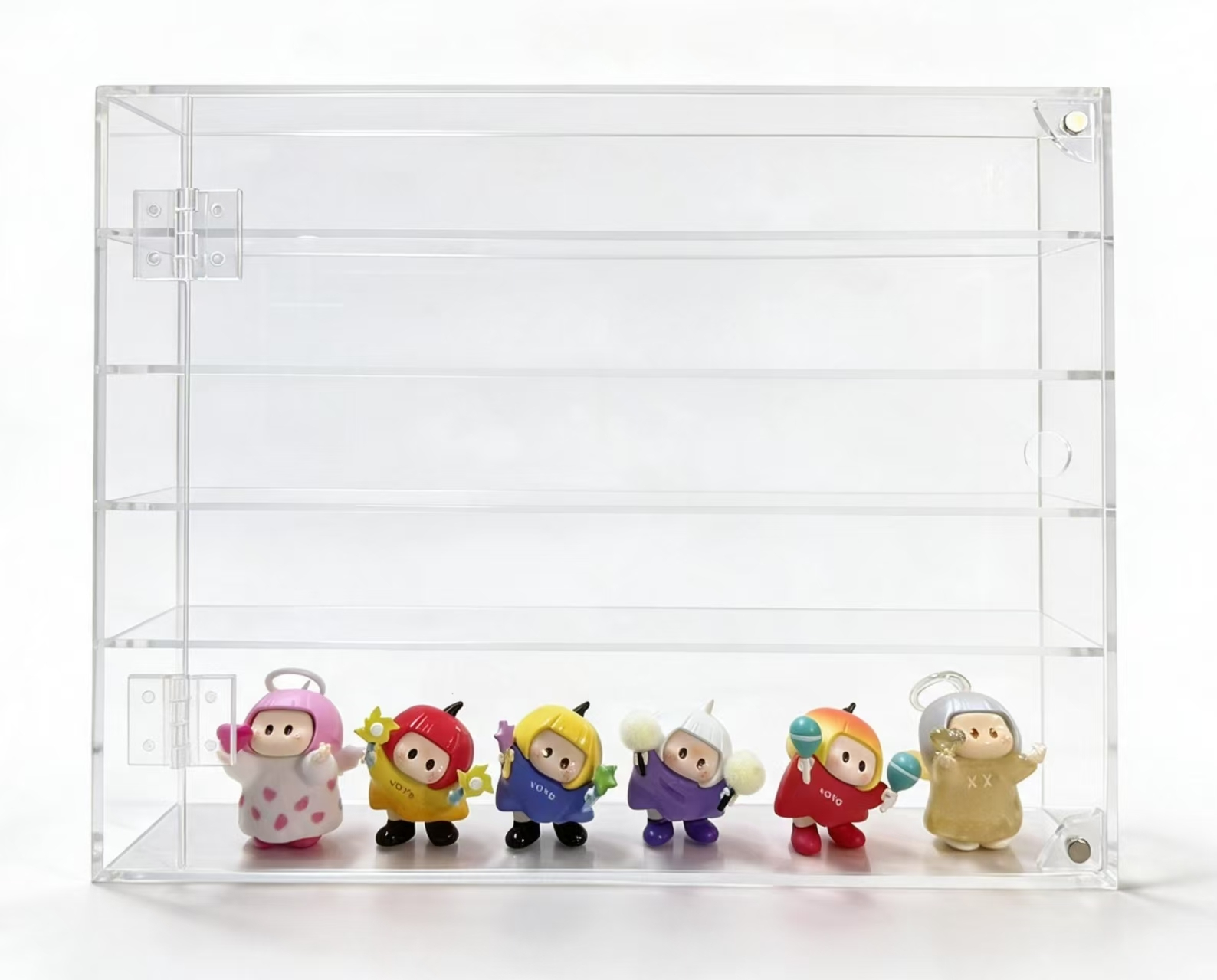 Custom acrylic collectible display storage cabinet front view Front view of custom clear acrylic display cabinet with shelves for collectible figures