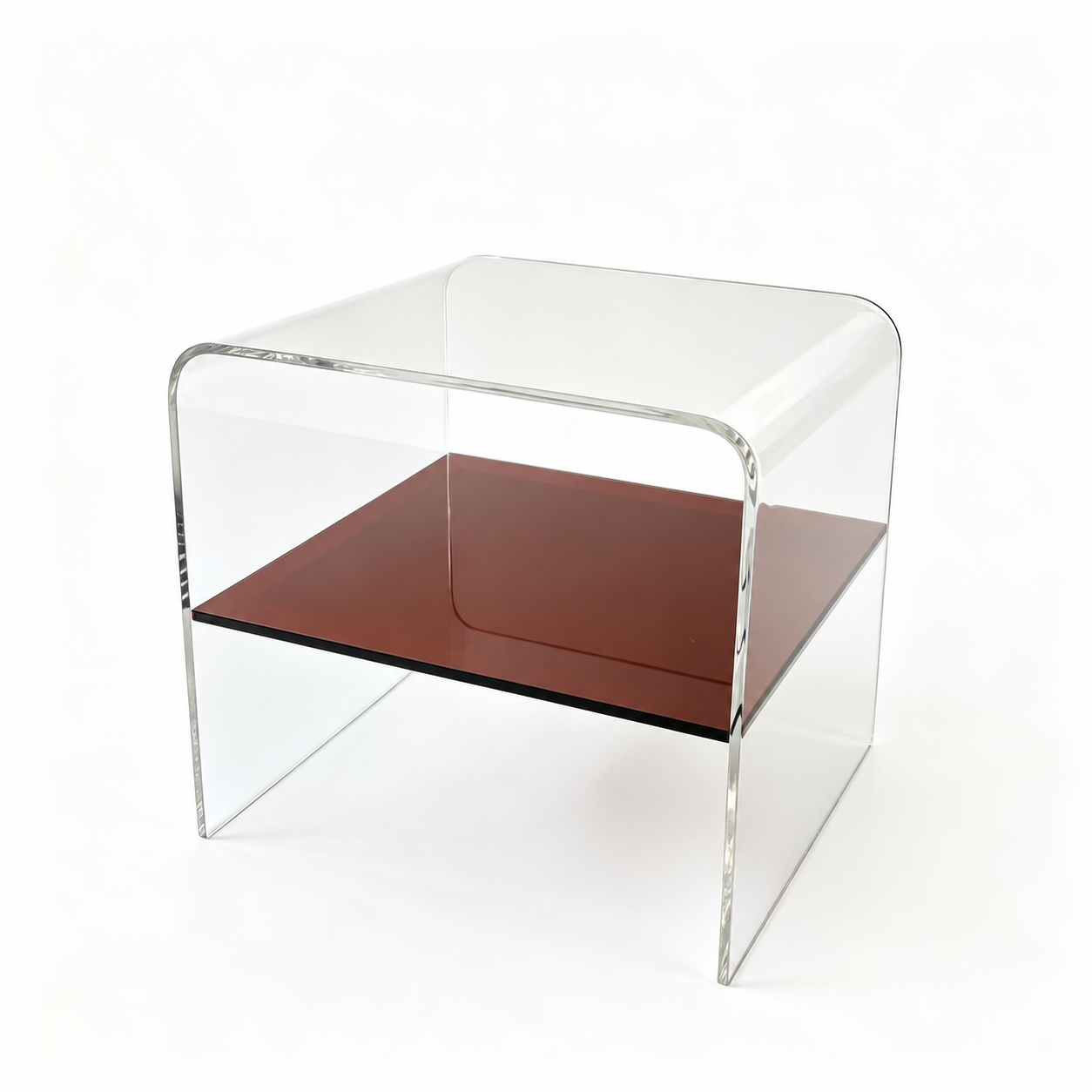 Custom Clear and Brown Acrylic Bedside Table Custom clear and brown acrylic bedside table with open storage shelf